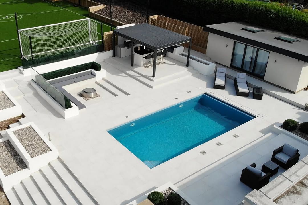 Modern garden design with clean lines and mature planting